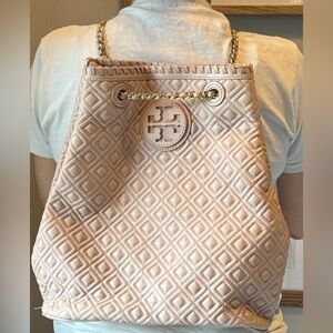 Tory Burch Powdered Pink Marion Quilted full size Lambskin Backpack ✨